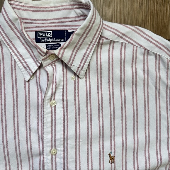 Polo Ralph Lauren Mens Yarmouth Dress Shirt Red Stripe 16.5 Cotton Short Sleeve - Picture 1 of 8